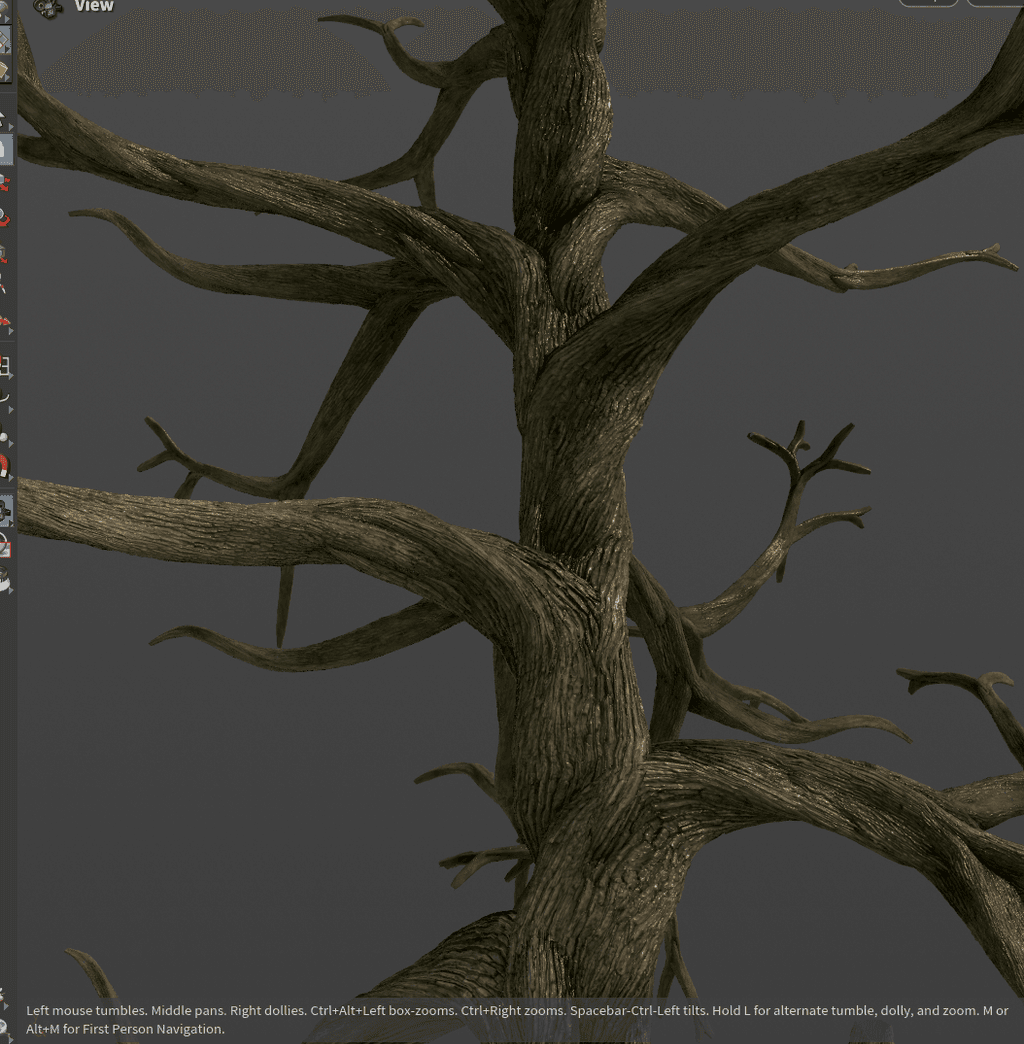 Procedural tree trunk surface with heightmap detail for foliage assets
