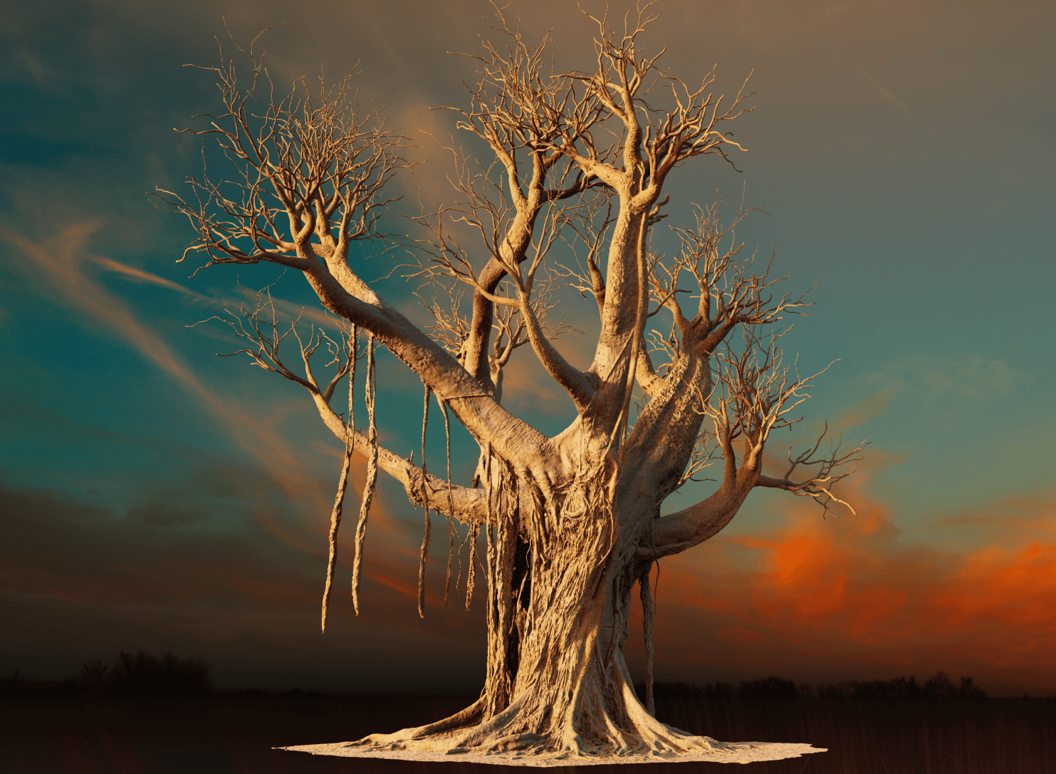 Scanned tree trunk extended with procedural branches