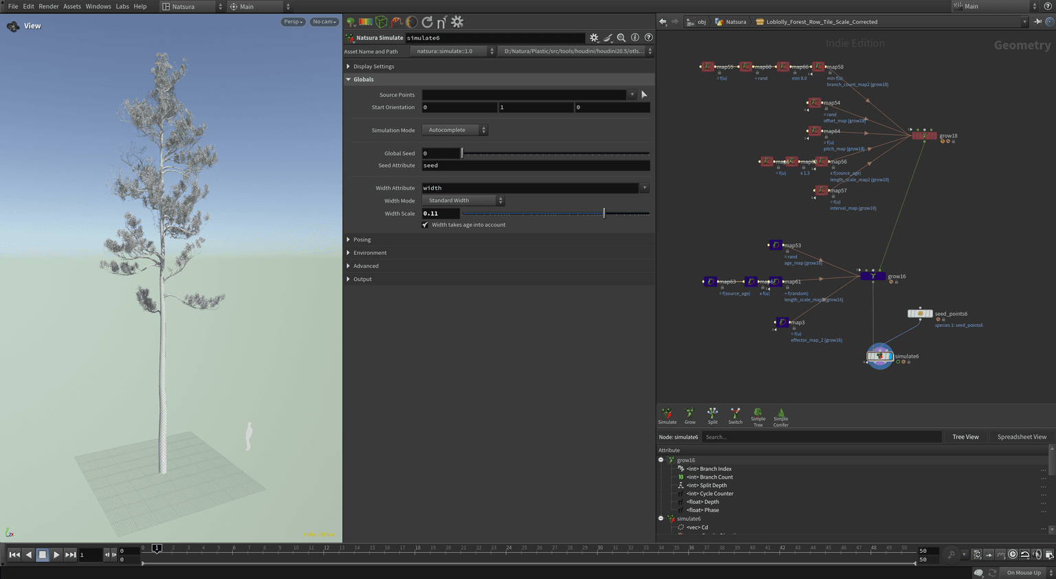 Natsura node graph and viewport building a pine tree in Houdini